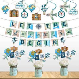 lot 62539 image: 52 PCS Travel Themed Party Decorations Set Let the Adventure Begin Banner Centerpieces Sticks Hanging Swirls for Bon Voyage Retirement Farewell Party World Awaits Birthday Baby Shower Decor Supplie