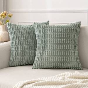 lot 62544 image: MIULEE Pack of 2 Corduroy Decorative Throw Pillow Covers 18x18 Inch Soft Boho Striped Pillow Covers Modern Farmhouse Home Decor for Spring Sofa Living Room Couch Bed Greyish Green