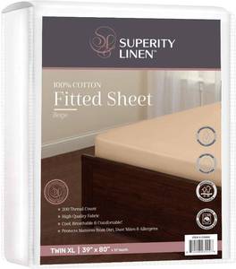 lot 62556 image: Superity Linen King Fitted Sheet Made from Cotton. Moisture Wicking Cotton Bed Sheet for Breathable, Dry, and Comfortable Nights Sleep. 200 Thread Count. (Beige)