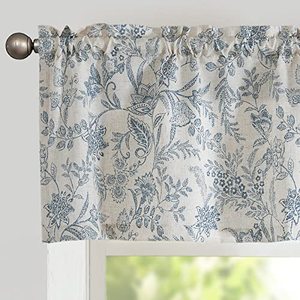 lot 62562 image: Vangao Farmhouse Linen Valance Curtain for Kitchen Floral Rustic Light Filtering Rod Pocket Window Topper Treatment 16 Inch Blue on Beige
