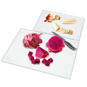 lot 62564 image: JAMBALAY Tempered Glass Cutting Board for Kitchen, Clear Cutting Board for Countertop with Rubber Feet - Set of 2 (12x16 & 8x12) - Scratch Resistant, Heat Resistant, Non-Slip, Shatterproof