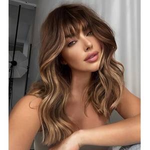 lot 62580 image: KOME Brown Curly Bob Wig with Bangs Short Wavy Brown Highlight Wigs for Women Lob Haircut Synthetic Heat Resistant Bob Wigs 14IN�