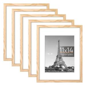 lot 62584 image: upsimples 11x14 Picture Frame Set of 5, Display Pictures 8x10 with Mat or 11x14 Without Mat, Wall Gallery Photo Frames, Natural