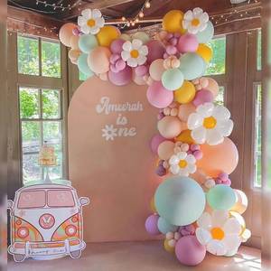 lot 62593 image: Beliueyes Daisy Balloon Garland Arch Kit 140Pcs Macaron Purple Green Nude Yellow Party Decorations for Boho Two Groovy Birthday Baby Shower Flower Decor