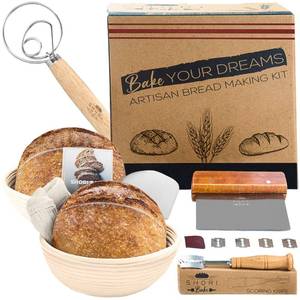 lot 62683 image: Shori Bake Bread Banneton Proofing Basket Set of 2 Round 9 Inch & 9.6 Inch Oval  Sourdough Bread Making Tools Kit, Baking Gifts for Bakers, Liner, Bread Lame, Bowl & Dough Scraper, Danish Dough Whisk