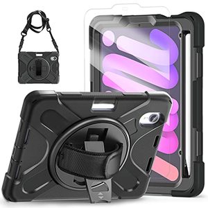 lot 62689 image: TSQQST iPad Mini 6 Case 2021 (8.3 Inch) with Screen Protector Pencil Holder 360 Rotating StandHand StrapShoulder Strap,  Drop-Proof Kids Case for iPad Mini 6th Generation  Black