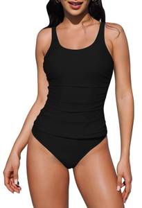 lot 62696 image: Pink Queen Women Two Piece Tankini Swimsuit Tummy Control Bathing Suit Ruched Tank Top Bikini Bottoms Black XL