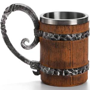 lot 62715 image: Yopay Wooden Barrel Beer Mug, Double Wall Stainless Steel Vintage Beer Cup, Handmade Medieval Cocktail Wooden Stein Drinkware with Handle, Antique Bucket Mug for Men Coffee Beverage Juice, 19OZ