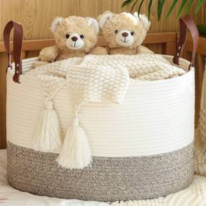 lot 62733 image: KAKAMAY Large Blanket Basket (20x13),Woven Baskets for storage Baby Laundry Hamper,Cotton Rope Blanket Basket for Living Room, Laundry, Nursery, Pillows, Baby Toy chest (WhiteBeige)