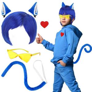 lot 62737 image: Breathffy 5 Pcs Blue Cat Costumes Accessories Set Kids Blue Cat Costume Accessory Set Blue Cat Ear Blue Cat Wig Long Cat Tail Glasses Heart DIY Cardstock Set for Halloween Kids Women Men Decor
