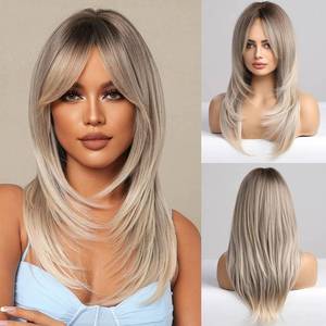 lot 62739 image: HAIRCUBE Grey Blonde Wigs for Women,Long Layered Ombre Wigs with Bangs Heat Resistant Synthetic Fibre Wigs(pelucas de cabello natural)