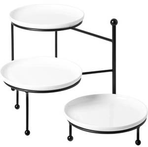 lot 62777 image: Kanwone 3 Tiered Serving Stand with White Porcelain Plates, Tiered Tray Stand, 8 x 8 Tier Serving Trays with Black Metal Stand for Entertaining, 3 Tier Dessert Stand