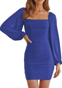 lot 62784 image: MEROKEETY Women Square Neck Lantern Long Sleeve Mesh Ruched Bodycon Clubwear Mini Dress LARGE