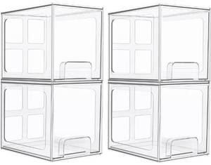 lot 62786 image: Vtopmart 4 Pack Stackable Storage Drawers, 6.6Tall Acrylic Bathroom Makeup Organizers,Clear Plastic Storage Bins For Vanity, Undersink, Kitchen Cabinet,Pantry Organization and Storage
