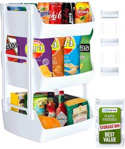 lot 62794 image: Skywin 3-Tier Plastic Stackable Storage Bins 11.4 x 11 x 19.7 with Brackets for Extra Protection - For Pantry Storage, Kitchen Storage, and Bathroom Storage (White BINS ONLY