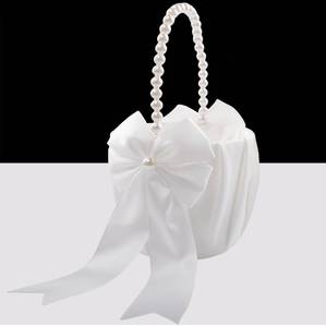 lot 62799 image: Flower Girl Basket for Wedding with Pearl Handle (Ivory - Bowknot)