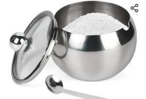 lot 62800 image: Sugar Bowl, Stainless Steel Sugar Pot with Clear Lid and Spoon, Drum Shape Small Condiment Container for Home and Kitchen, 8.1 Ounces(240 Milliliter) NO LID OR SPOON