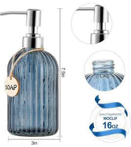 lot 62805 image: 16 OZ Soap DispenserTempered Glass Clear Vertical Stripe with 304 Rust Proof Stainless Steel Pump Refillable Liquid Hand Soap Dispenserfor Bathroom, Kitchen, Dish SoapLotion (Blue Grey) USED