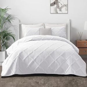 lot 62939 image: Exclusivo Mezcla Ultrasonic TwinTwin XL Quilt Set, 2 Pieces White Quilt (68x88) with 1 Pillow Sham, Lightweight Bedspreads Modern Striped Coverlet Set for All Seasons
