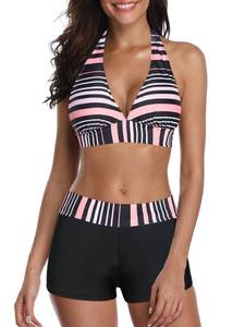 lot 62953 image: Swimsuit for Women Athletic Boyshort Crop Tops Bathing Suits Two Piece Sport Halter Swimming Suits Pink Black Stripe S