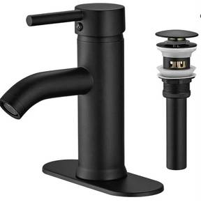 lot 62955 image: Black Bathroom Faucet Single Handle Bathroom Sink Faucet with Pop-up Drain Rv Lavatory Vessel Faucet Basin Mixer Tap with Deck Plate