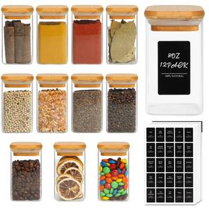 lot 63190 image: ComSaf 12Pcs Glass Spice Jars with Bamboo Lid, 8oz Airtight Square Containers with 275 Black Lables, Empty Seasoning Jars for Spice Salt Sugar