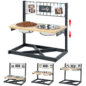 lot 63193 image: Elevated Dog Bowls, 12 Adjustable Bamboo Raised Dog Bowls Stand Feeder Water with 2 Stainless Bowls, Adjustable 4.8 up to 15.7 Heights Pet Raised Bowls for Small Medium Large Dogs and Cats