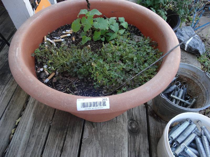 lot 201 image: 2- Flower Pots, Water Jug, Bug Sprayer.