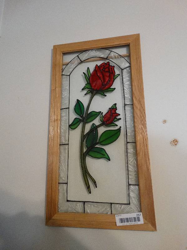 lot 257 image: Framed stained glass look home decor.