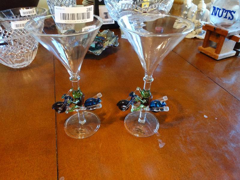 lot 280 image: Pair of motorcycle riding frogs, Hand blown glass martini glasses.