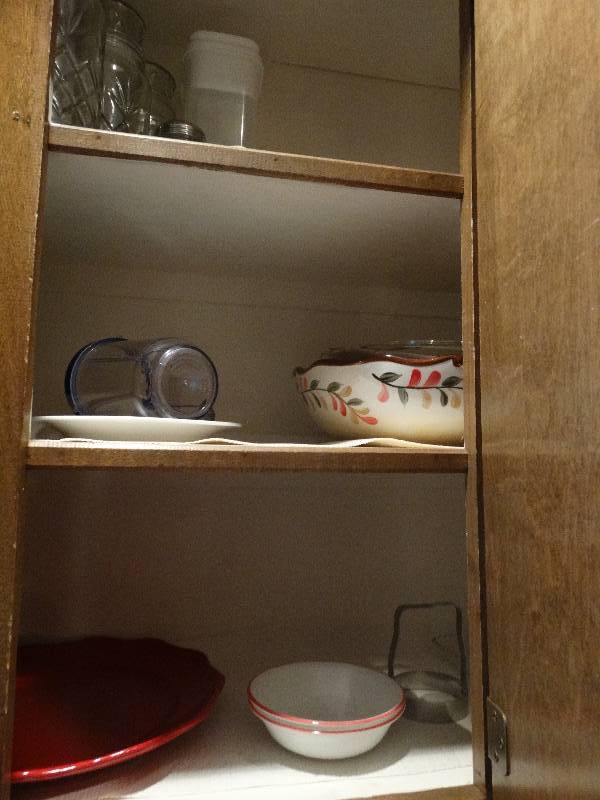 lot 295 image: Contents of cabinet, dinnerware, glassware and misc..
