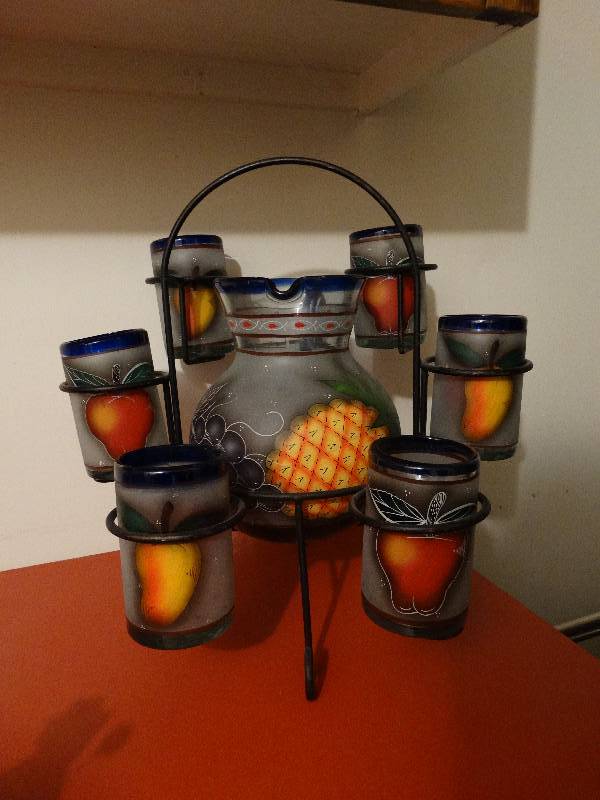 lot 432 image: Hand blown & painted pitcher & cup set w metal stand