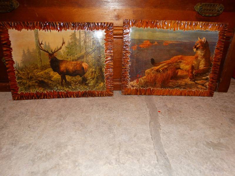 lot 442 image: 2 pieces of wall art on wood