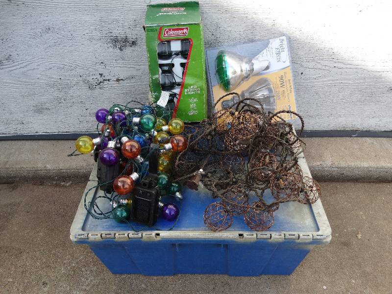 lot 708 image: Lot of outdoor String LIghts, Flood Light, & Tote