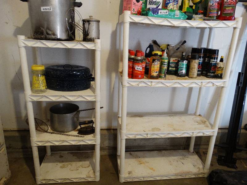 lot 737 image: 2 white plastic shelving units - contents not included.