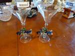 Pair of motorcycle riding frogs, Hand blown glass martini glasses.