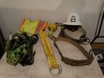 Safety harness, belts, & hard hat.