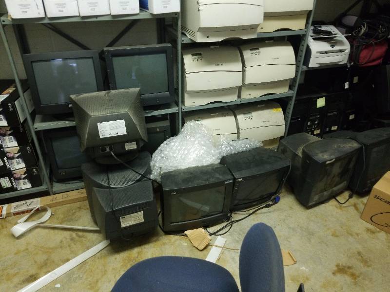 lot 5672 image: Lot of spare monitors and printers in IT storage Room