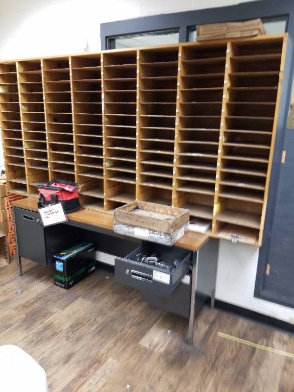 lot 5737 image: Wooden mail sorter, desk and file cabinet