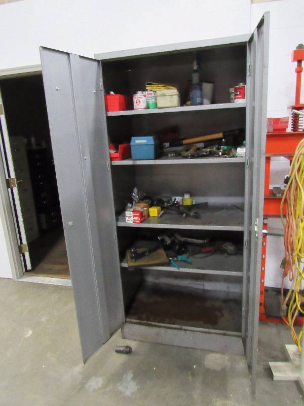 lot 1312 image: Gray Metal Shop Cabinet With Contents