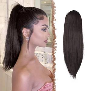 lot 30602 image: FESHFEN Straight Drawstring Ponytail Extensions 14 inch Long Natural Synthetic Pony Tail Hairpieces Clip in Ponytails Extension for Women Girls, Dark Brown