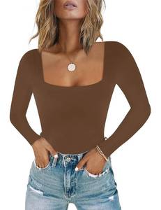 lot 30603 image: Chunpin Womens Square Neck Long Sleeve Bodysuit Tops Double Lined Thong Bodysuit Brown S