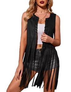 lot 30607 image: HOTOUCH Halloween Costumes for Women Cowgirl Vest Fringe Top Leather Jacket Hippie Vest 70s Fashion Sleeveless Open Front Lightweight Vest Bohemian Clothes Black M