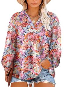 lot 30618 image: Eytino Womens Plus Size Boho Abstract Printed V Neck Lantern Long Sleeve Tops Loose Blouses Shirts,2X Multicolor