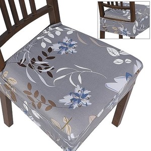 lot 30620 image: SearchI Stretch Dining Chair Seat Covers Set of 4, Soft Removable Washable Seat Covers for Dining Chairs, Dining Room Seat Cover Protector (No Rear, Grey and Blue Flower)