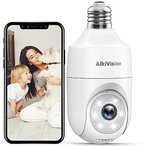 lot 30635 image: AlkiVision 2K Light Bulb Security Cameras Wireless Outdoor - 2.4G Hz 360° Motion Detection, for Home Security Outside Indoor, Full-Color Night Vision, Auto Tracking, Siren Alarm, 247 Recording