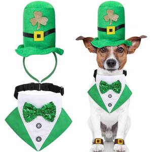 lot 30647 image: Sadnyy 2 Pieces St. Patricks Day Dog Costume Dog Top Hat and Dog Bandana Collar with Bow Tie Green Irish Dog Tuxedo St Patricks Day for Dogs Puppy Cat Pet Party Dress up Cosplay (White,Small)