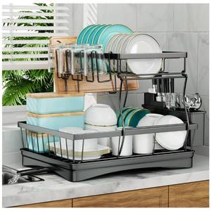 lot 30664 image: 7 code Large Dish Drying Rack for Kitchen Counter, Detachable Large Capacity Dish Drainer Organizer with Utensil Holder, 2-Tier Dish Drying Rack with Drain Board, Black