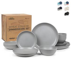lot 30677 image: Grow Forward 16-piece Premium Wheat Straw Dinnerware Sets for 4 - Dinner Plates, Dessert Plates, Pasta Bowls, Cereal Bowls - Microwave Safe Plastic Plates and Bowls Sets, RV, Kitchen Dishes - Feather