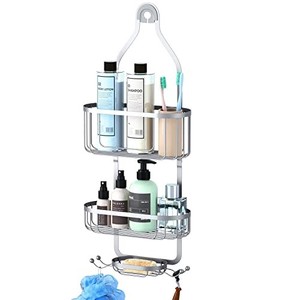 lot 30680 image: Kadolina Bathroom Hanging Shower Organizer, Over Head Shower Caddy Shower Storage Rack Basket with Hooks for Razor and Sponge Rustproof, Silver Patented